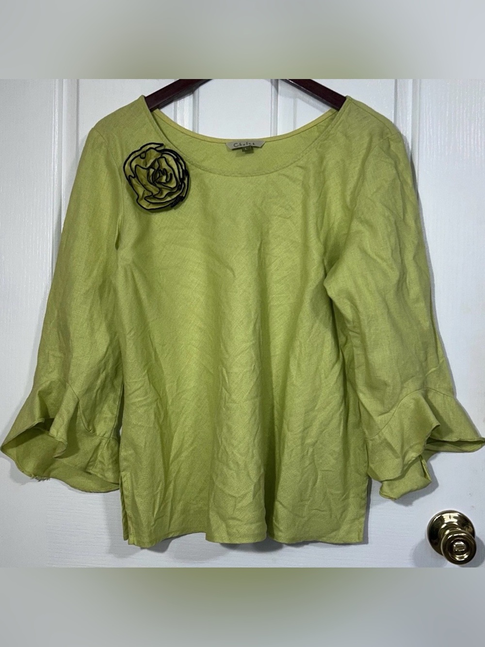 Chalet Lime 100% Linen Chartreuse Citron bell sleeve scoop neck blouse top Lg